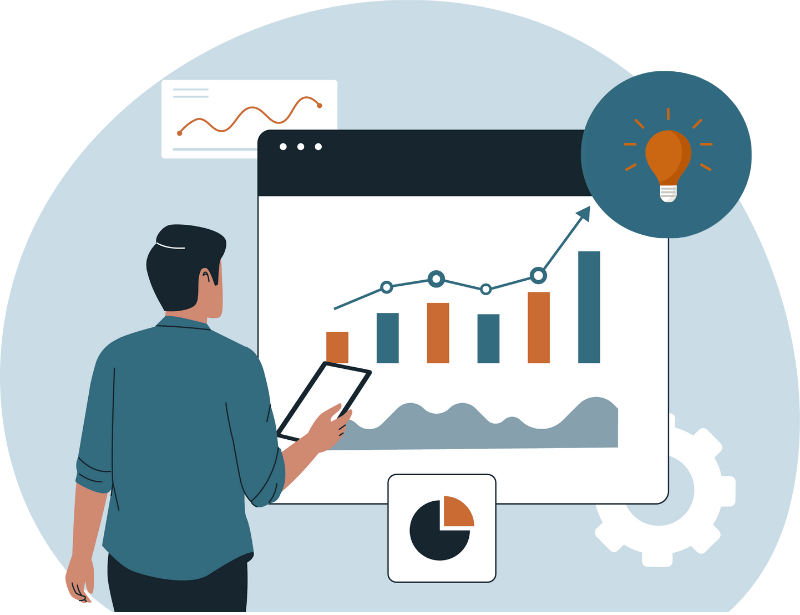 Illustration av man som kollar på en stigande graf.